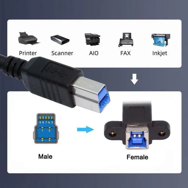 Alt view image 7 of 7 - Vszerda Cord USB 3.0 Type-B Female to USB3.0 Type-B Male Cable Extension 5Gbps for Disk SSD Camera Data 30cm