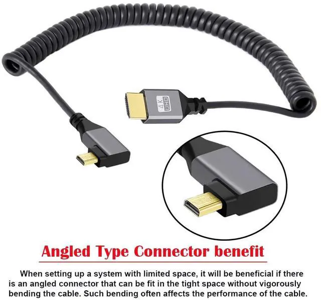 Alt view image 2 of 7 - Vszerda Micro HDMI 2.0 Male to HDMI Male 4K 60hz Stretch Coiled Cable Left Angled 90 Degree for HDTV Computer Laptop Monitor