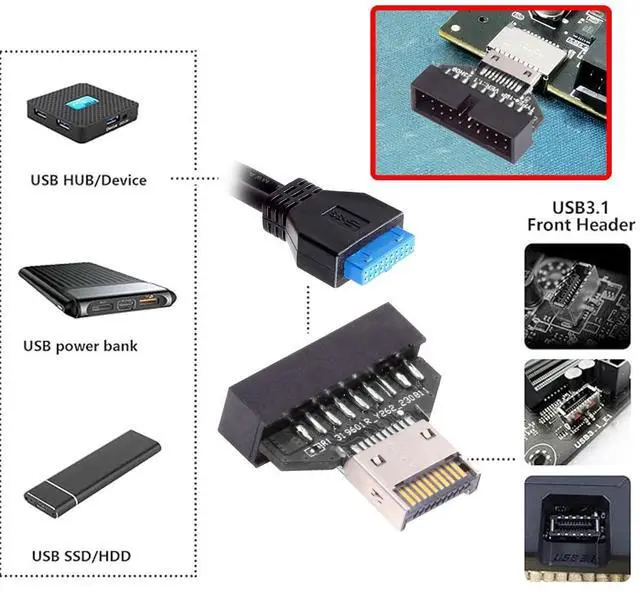 Alt view image 4 of 7 - Vszerda Adapter Type-E IDC Socket USB 3.1 Front Panel Header to USB 3.0 20Pin Header Extension Adapter for Desktop Motherboard