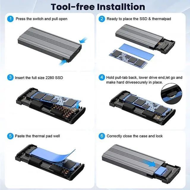 Alt view image 5 of 7 - Vszerda Type-C USB3.2 USB4 20Gbps to M-Key M.2 NGFF NVME SATA SSD PCBA Enclosure 2280/2242/2260mm RTL9220