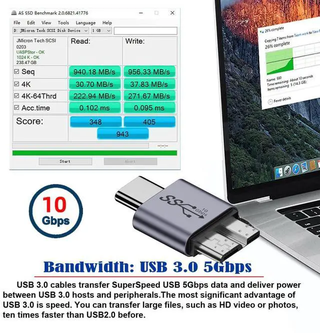 Alt view image 4 of 7 - Vszerda Adapter USB-C USB 3.1 Type C Male to Micro USB 3.0 Male Data Adapter 10Gbps Data Power for Laptop SSD Disk