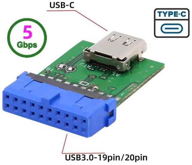 Alt view image 2 of 7 - Vszerda USB 3.1 Type C to USB 3.0 Motherboard Adapter, 19/20 Pin Header, 5Gbps, Green