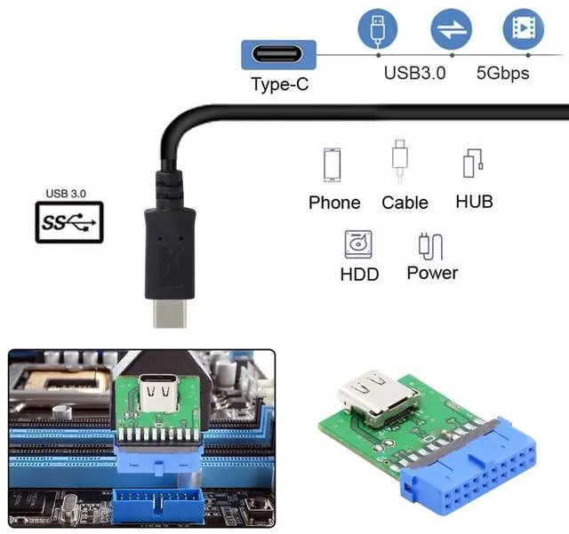 Alt view image 3 of 7 - Vszerda USB 3.1 Type C to USB 3.0 Motherboard Adapter, 19/20 Pin Header, 5Gbps, Green