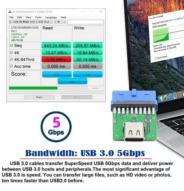 Alt view image 4 of 7 - Vszerda USB 3.1 Type C to USB 3.0 Motherboard Adapter, 19/20 Pin Header, 5Gbps, Green