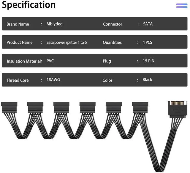 Alt view image 7 of 7 - BUCIER sata Power Splitter Cable 6 Way, 15 Pin SATA to 6 for HDDSSDOptical Drives, sata Power Connector Supply Extension Cable, Black
