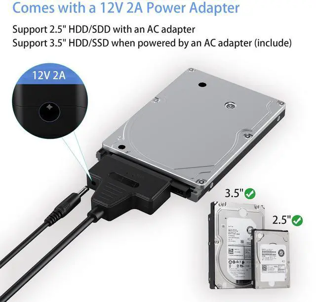 Alt view image 4 of 6 - Vszerda SATA to USB 3.0 and USB C Adapter Cable for 3.5 2.5 Inch SSD/HDD Hard Drive Reader, External Converter for SSD/HDD Data Transfer with 12V/2A Power Adapter