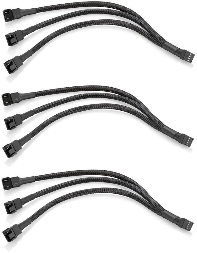 Main image of Vszerda PWM Fan Splitter Cable 10 inches, 3 Pack, Black, 3 Way 4 Pin PC Fan Extension Cable, CA PWM Fan Extension Cable, for Computer ATX Case 4-Pin/3-Pin Cooling Fan Cable