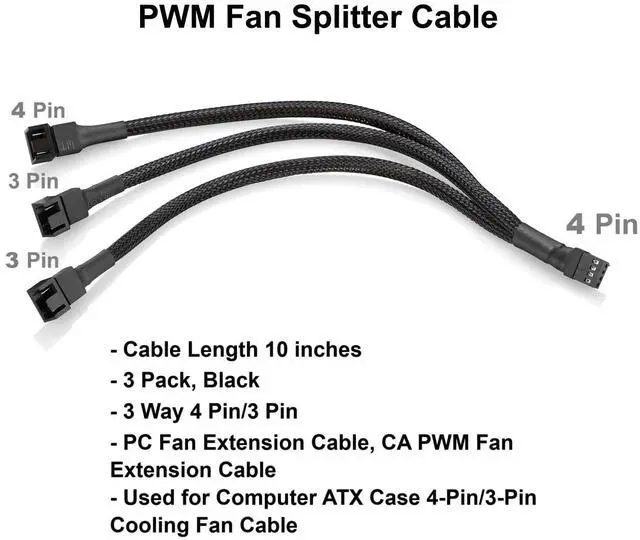 Alt view image 2 of 7 - Vszerda PWM Fan Splitter Cable 10 inches, 3 Pack, Black, 3 Way 4 Pin PC Fan Extension Cable, CA PWM Fan Extension Cable, for Computer ATX Case 4-Pin/3-Pin Cooling Fan Cable