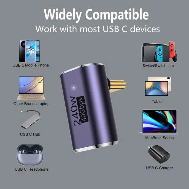 Alt view image 5 of 6 - Vszerda USB C 90 Degree Adapter,USB C Right Angle Adapter with 40 Gbps PD 240W 8K@60hz Video Charge,Compatible for MacBook Pro/Air,Steam Deck,Switch,VR and More Type C Devices (A-2PCS)