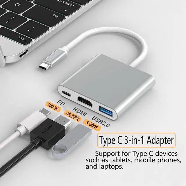 Alt view image 2 of 7 - Vszerda USB C to HDTV 3-in-1 Adapter, Type-C Hub with HDMI 4K Output, USB 3.0 Port, 100W Charging Port, Compatible with MacBook,  HP, Samsung and More