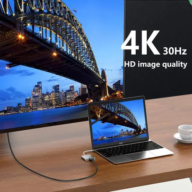 Alt view image 7 of 7 - Vszerda USB C to HDTV 3-in-1 Adapter, Type-C Hub with HDMI 4K Output, USB 3.0 Port, 100W Charging Port, Compatible with MacBook,  HP, Samsung and More