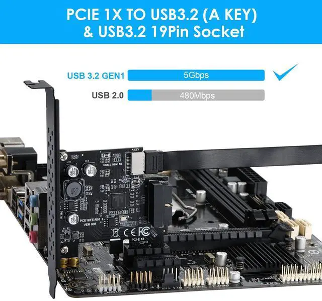 Alt view image 3 of 7 - Vszerda PCI-E 1X to USB 3.2 GEN1 5Gbps 20pin Front Panel Header (to Type-c Front Panel Header) + USB 3.0 19Pin Socket Expansion Card,Type-E Internal 20-pin Front Panel Connector Riser Card