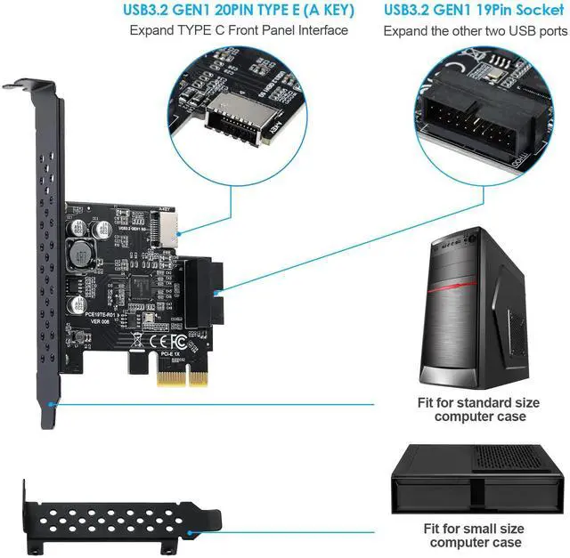 Alt view image 5 of 7 - Vszerda PCI-E 1X to USB 3.2 GEN1 5Gbps 20pin Front Panel Header (to Type-c Front Panel Header) + USB 3.0 19Pin Socket Expansion Card,Type-E Internal 20-pin Front Panel Connector Riser Card