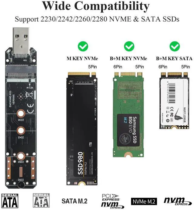 Alt view image 2 of 7 - Vszerda SATA M.2 SSD to USB 3.2 Adapter,Supports NVMe M-Key (PCI-e) 10Gbps & B+M Key (SATA) SSD 5 Gbps UASP Compatible for 2230 2242 2260 2280 SSD- RTL9210B