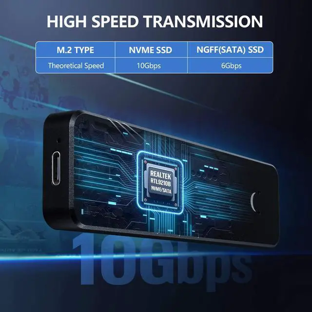 Alt view image 3 of 7 - Vszerda 10Gbps M.2 NVMe SSD Enclosure,Tool-Free External NVME/SATA NGFF SSD Aluminum Case,Supports M&B+M Keys 2230/2242/2260/2280 SSD
