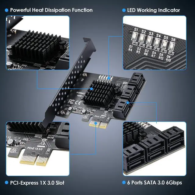 Alt view image 4 of 7 - Vszerda 6-Port PCIe SATA 3.0 Expansion Card - 6 Gbps, Includes 6 SATA Cables and Low Profile Bracket (ASMedia ASM1166)