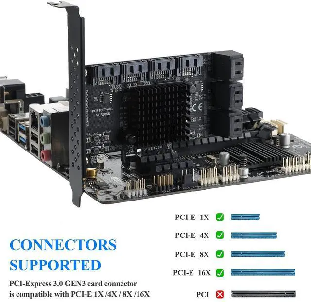 Alt view image 2 of 7 - Vszerda PCIE 1X SATA Card 10 Ports,6 Gbps SATA 3.0 Controller PCIe Expansion Card,Non-Raid,Support 10 SATA 3.0 Devices,with Low Profile Bracket and 10 SATA CablesChip:ASM1166