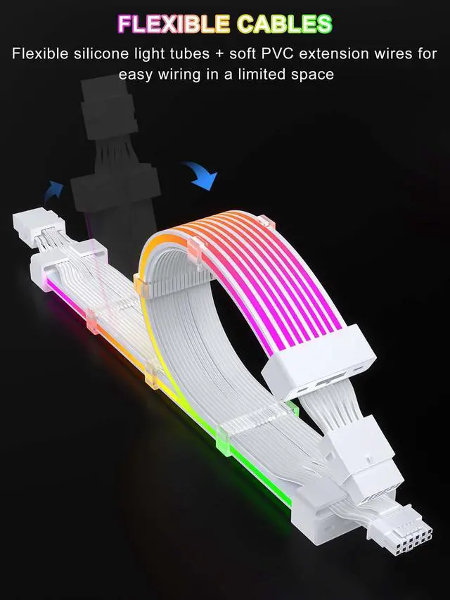 Alt view image 3 of 7 - Vszerda RGB 12VHPWR Cable Set,ARGB PSU Cable Extension of Soft LED Strip Include 24Pin Motherboard,16 Pin GPU Power Supply Cables,for RTX 40 50 Series PC Custom,Male to Female