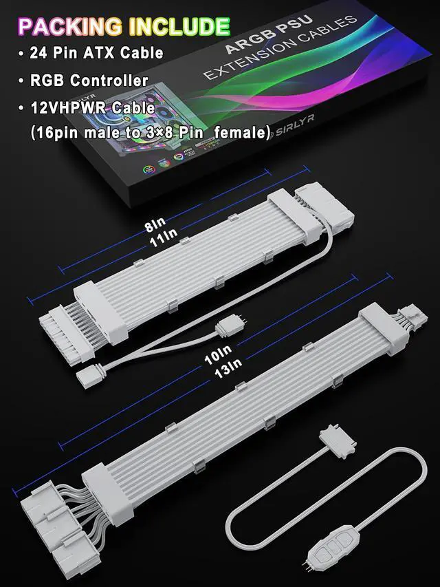 Alt view image 5 of 7 - Vszerda RGB 12VHPWR Cable Set,ARGB PSU Cable Extension of Soft LED Strip Include 24Pin Motherboard,16 Pin to 3×8 Pin GPU Power Supply Cables for PC Custom