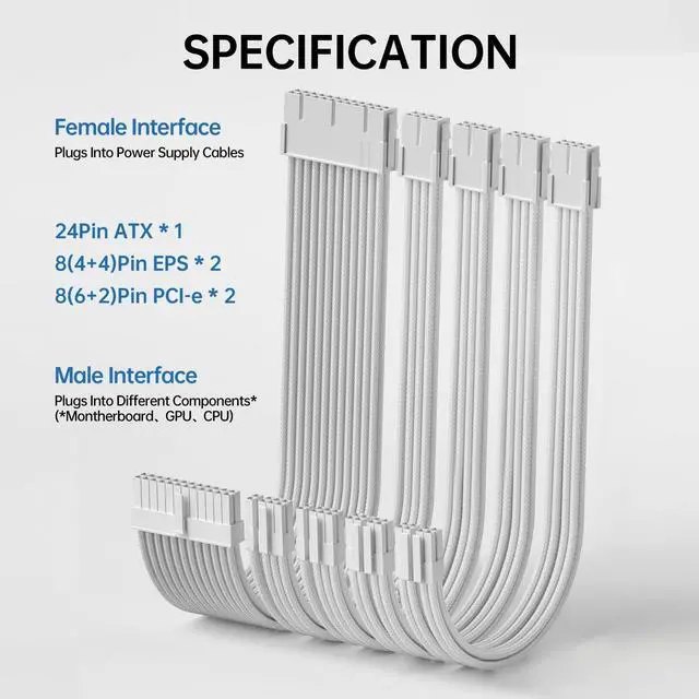 Alt view image 2 of 4 - Vszerda PSU Cable Extension Kit 30CM Length with Cable Combs 1x24Pin/2x8Pin(4+4) EPS/2x8Pin(6P+2P) PCI-E/PC Sleeved Cable for ATX Power Supply (White)