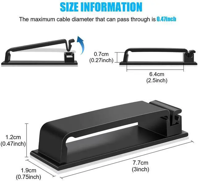 Alt view image 2 of 7 - Vszerda 40 PCS Self Adhesive Cable Clips(XL) Black,Wire Clips Cable Management Wire Organizer Cord Holder for Under Desk, Car, Wall, TV PC Ethernet Cable