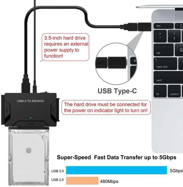 Alt view image 3 of 7 - Vszerda USB 3.0 to SATA IDE Adapter, Hard Drive Reader External Ultra Recovery Converter Compatible with 2.5" 3.5" HDD, SSD,5.25-inch DVD/CD-ROM Optical Drive Data Transfer with Power Supply