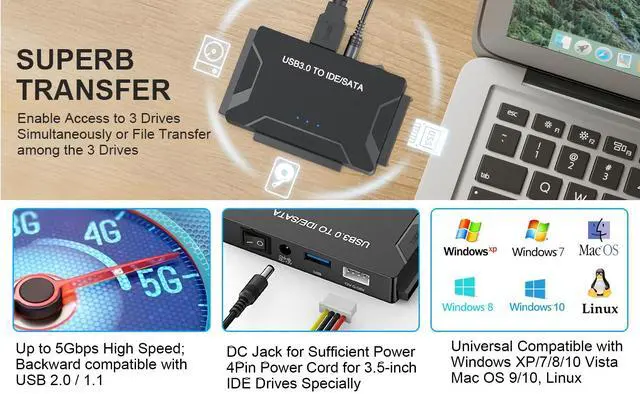 Alt view image 5 of 7 - Vszerda USB 3.0 to SATA IDE Adapter, Hard Drive Reader External Ultra Recovery Converter Compatible with 2.5" 3.5" HDD, SSD,5.25-inch DVD/CD-ROM Optical Drive Data Transfer with Power Supply