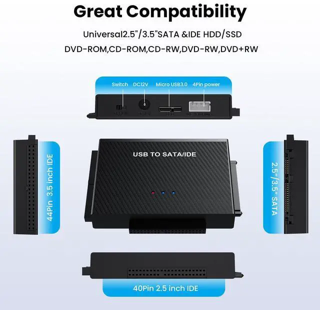 Alt view image 5 of 6 - Vszerda Hard Drive Reader USB 3.0 to SATA IDE AdapterIDE SATA to USB + Type C External Data Recovery Converter Kit for Universal 2.5 3.5 HDD SSD Hard Drive Disk, with 12V/2A Power Adapter