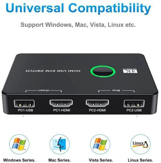 Alt view image 6 of 6 - Vszerda KVM Switch, USB and HDMI KVM Switches for 2 Computers Sharing Mouse Keyboard Printer to One HD Monitor, Supports 4K@60 Hz, 2 HDMI Cables and 2 USB Cables Included