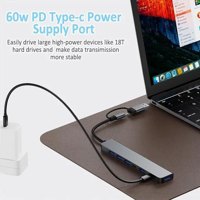 Alt view image 6 of 7 - Vszerda Aluminum 7 in 1 USB Hub USB C Hub with USB 3.0, Multiport USB Splitter Adapter with 5 USB & 2 USBC Ports for MacBook, ipad, Laptop, PS4, Flash Drive, HDD, Xbox, Printer, Mouse, Keyboard, HP