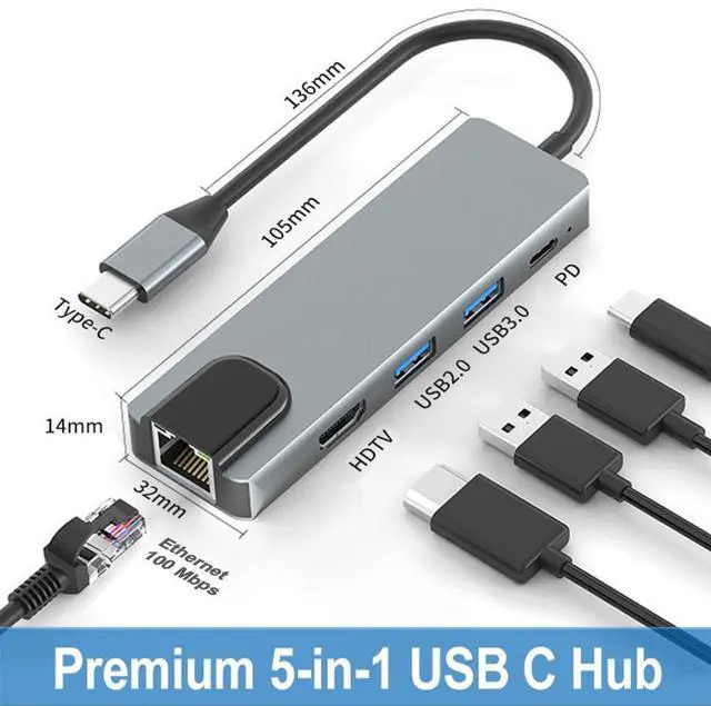 Alt view image 2 of 7 - Vszerda 5 in 1 USB C Ethernet Multiport Adapter for MacBook, USB C Hub to 4K@60oz HDMI Splitter with 2 USB 3.0 1 PD Dock Dongle, Compatible with MacBook Pro Air/Chromebook/Dell XPS/HP/Matebook