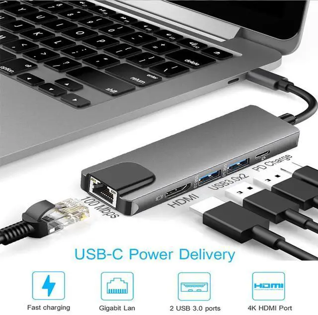 Alt view image 3 of 7 - Vszerda 5 in 1 USB C Ethernet Multiport Adapter for MacBook, USB C Hub to 4K@60oz HDMI Splitter with 2 USB 3.0 1 PD Dock Dongle, Compatible with MacBook Pro Air/Chromebook/Dell XPS/HP/Matebook