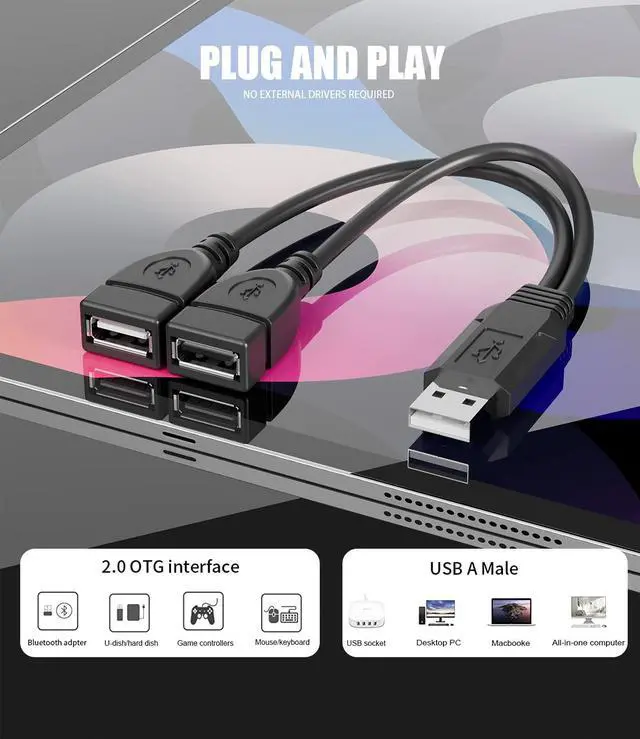 Alt view image 5 of 6 - Vszerda USB Cable, 2-Port USB 2.0 Male to Female Splitter, High-Speed Charging & Data Transfer for Laptop, Car, Mac, TV, PC, Xbox, HDD