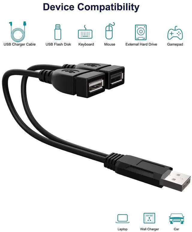 Alt view image 6 of 6 - Vszerda USB Cable, 2-Port USB 2.0 Male to Female Splitter, High-Speed Charging & Data Transfer for Laptop, Car, Mac, TV, PC, Xbox, HDD