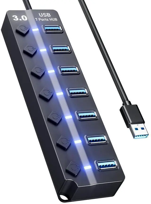 Main image of Vszerda USB Hub 3.0,  7 Port USB hub with LED Individual On/Off Switches and Extended Long Cable for MacBook, Mac Pro, Mac Mini, iMac, Surface Pro, XPS, PC