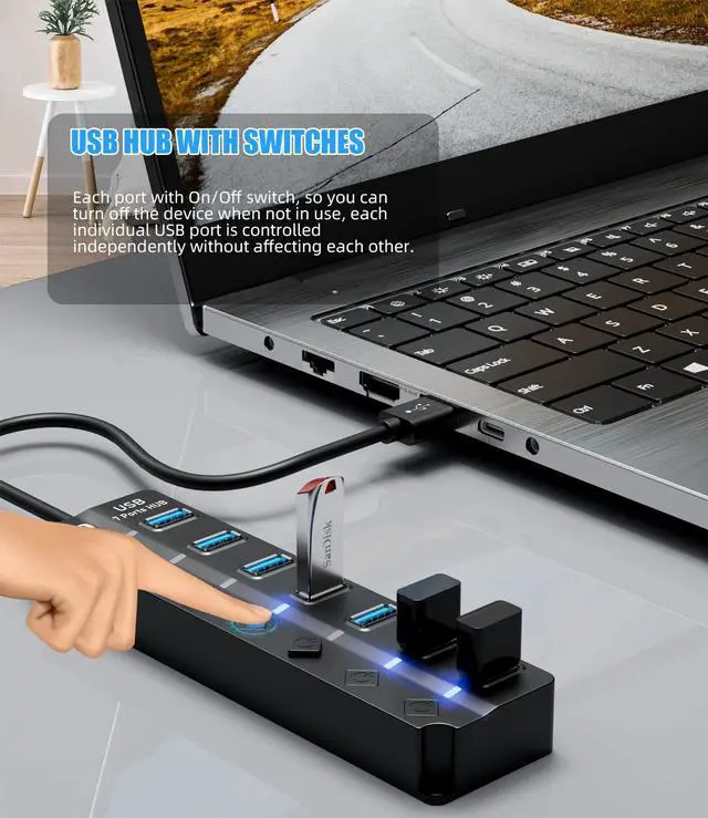 Alt view image 4 of 7 - Vszerda USB Hub 3.0,  7 Port USB hub with LED Individual On/Off Switches and Extended Long Cable for MacBook, Mac Pro, Mac Mini, iMac, Surface Pro, XPS, PC