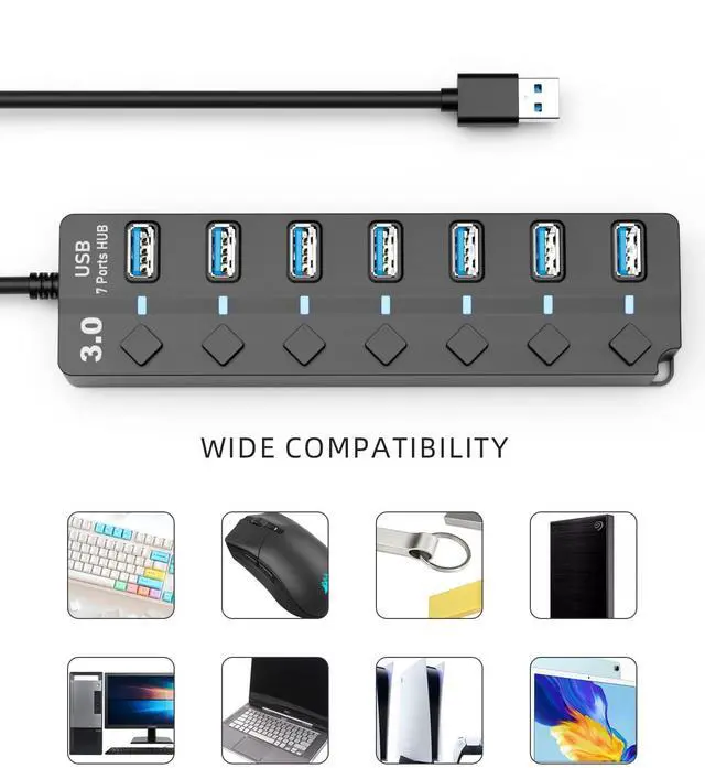 Alt view image 7 of 7 - Vszerda USB Hub 3.0,  7 Port USB hub with LED Individual On/Off Switches and Extended Long Cable for MacBook, Mac Pro, Mac Mini, iMac, Surface Pro, XPS, PC