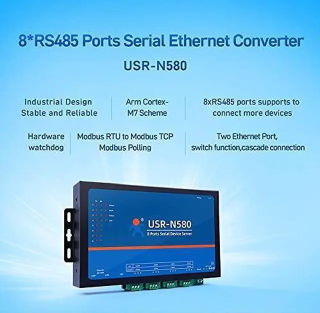 Alt view image 3 of 4 - USR-N580 8 Ports RS485 Serial Device Server Converter Ethernet to RS485 Support Modbus RTU to Modbus TCP RS485 Communication Indicator Lights (TX/RX) with Two Ethernet Port