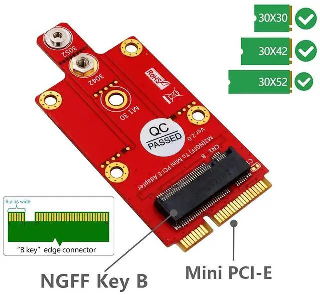 Alt view image 3 of 6 - Vszerda M.2 NGFF Key B to Mini PCI-E Adapter Card with Screw Kit for 3G / 4G / 5G Module Support 3042/3052 Type M2 Key B Card Dimension