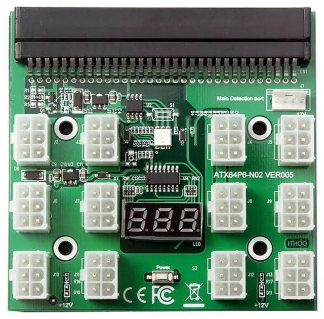 Main image of Vszerda PCI-E 64Pin to 12x 6Pin 12V Power Supply Breakout Board Adapter Converter for Ethereum BTC Antminer Miner Mining HP Server PSU GPU