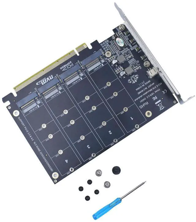 Alt view image 3 of 7 - Vszerda M.2 PCIe Adapter x16 Gen4 for 4 Ports M2 SSDs, PCIe M.2 Expansion Card for 4 M.2 2280 2260 2242 2230 NVMe SSDs M Key
