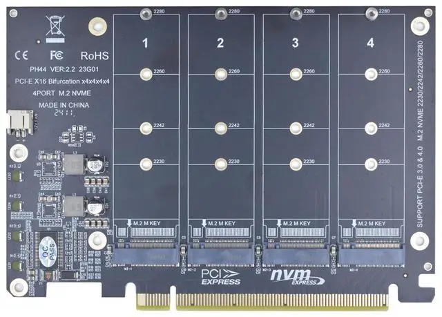 Alt view image 7 of 7 - Vszerda M.2 PCIe Adapter x16 Gen4 for 4 Ports M2 SSDs, PCIe M.2 Expansion Card for 4 M.2 2280 2260 2242 2230 NVMe SSDs M Key