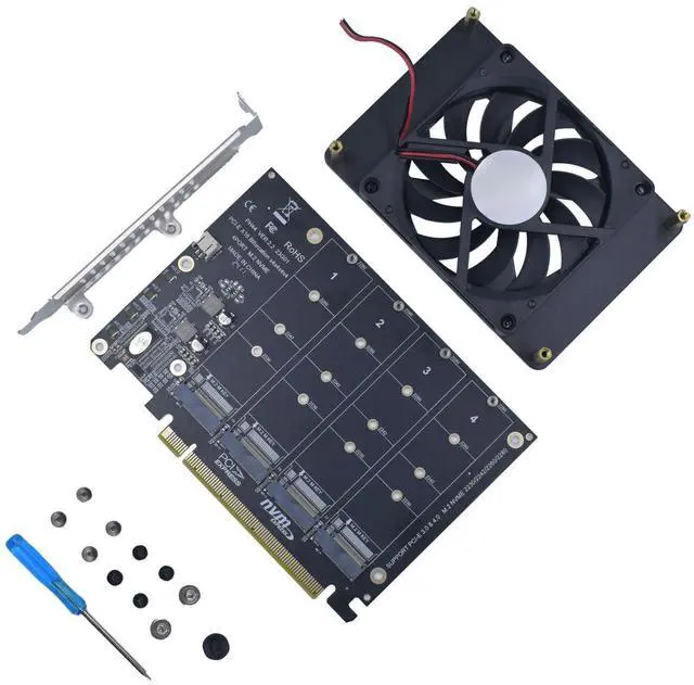 Alt view image 2 of 7 - Vszerda M.2 PCIe Adapter x16 Gen4 for 4 Ports M2 SSDs, PCIe M.2 Expansion Card for 4 M.2 2280 2260 2242 2230 NVMe SSDs M Key with Advanced Cooling Ultra Quiet DC Brushless Fan