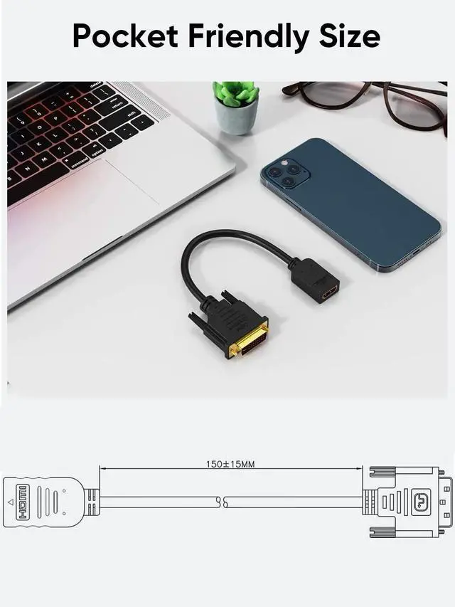 Alt view image 6 of 7 - HDMI to DVI Cable, 0.15 m Bi-Directional HDMI Female to DVI (24+1) Male Adapter Cable, HDMI DVI Conveter, Support 1080P, 3D, Gold-Plated, 0.5 Ft/Black