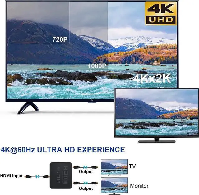 Alt view image 7 of 7 - Vszerda HDMI Splitter 4K@60Hz, HDMI Splitter 1 in 2 Out, HDMI Splitter for Dual Monitors Only Duplicate/Mirror Screens, Support HDMI2.0b, HDCP2.2, 18.5Gbps, Auto Scaling, Full HD 1080P 3D