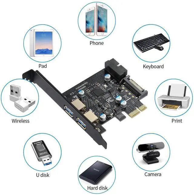 Alt view image 7 of 7 - Vszerda PCI-E to USB 3.2 Gen 1 Card 5Gbps Dual USB-A Ports Expansion Card with 20PIN Front Panel Header USB Card,PCI Express Card with 15-Pin SATA Power Connector.