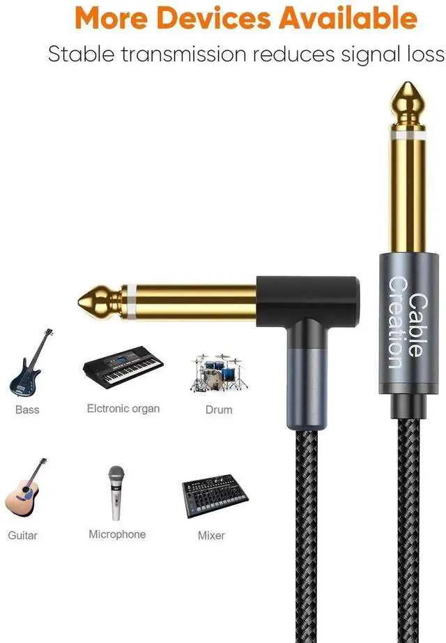 Alt view image 2 of 7 - 6.35mm Instrument Guitar Cable, Male to Male Nylon Braided 10FT, Mono Jack 1/4", Right Angle Audio Cable for Electric Guitars, Bass, Keyboard, Amplifier, Mixer, Amp, Speaker, Equalizer