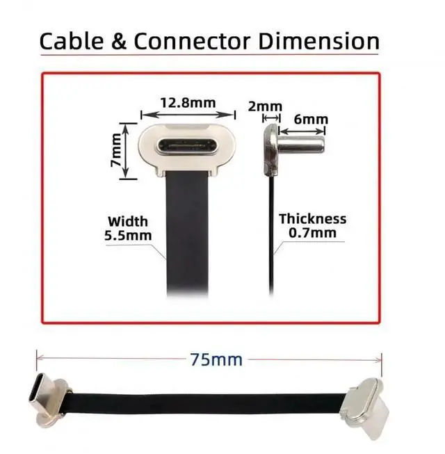 Alt view image 5 of 7 - Vszerda Cable Angled USB-C Type C to USB-C Ultra Slim Flat Power USB2.0 Data Cable 65W Fast Charge for Laptop Tablet Phone 7cm