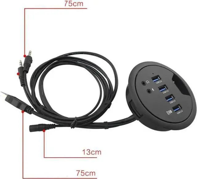 Alt view image 4 of 4 - Vszerda In Desk 4-Port SuperSpeed USB 3.0 HUB Adapter Fits in a 3inch grommet hole and External Stereo Sound Adapter Combo