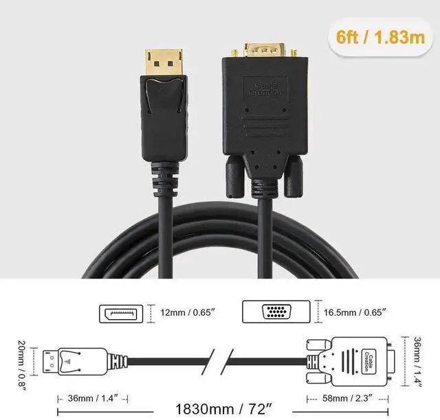 Alt view image 3 of 7 - Vszerda Displayport to VGA Cable 6FT, Displayport to VGA Adapter Gold Plated 1080P@60Hz, Standard DP Male to VGA Male Cable, Compatible with Laptop, PC, TV, Projector, Black